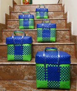 Chettinad Baskets in Blue and Green set of 5 with lids